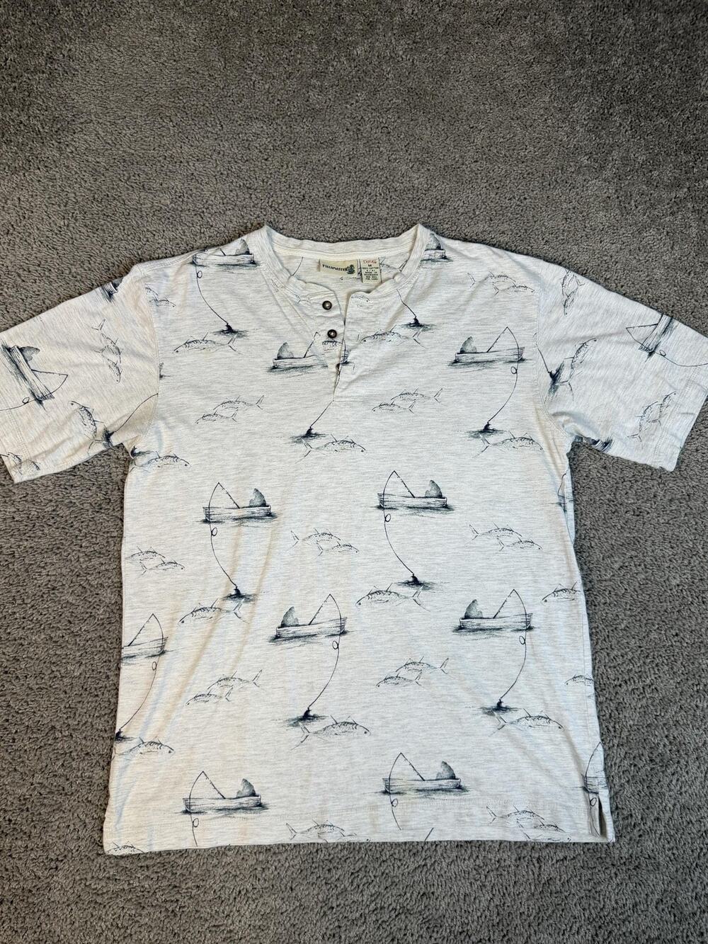 Fieldmaster Shirt Mens M Gray Fishing Boat Fish Graphic Henley Button Cotton